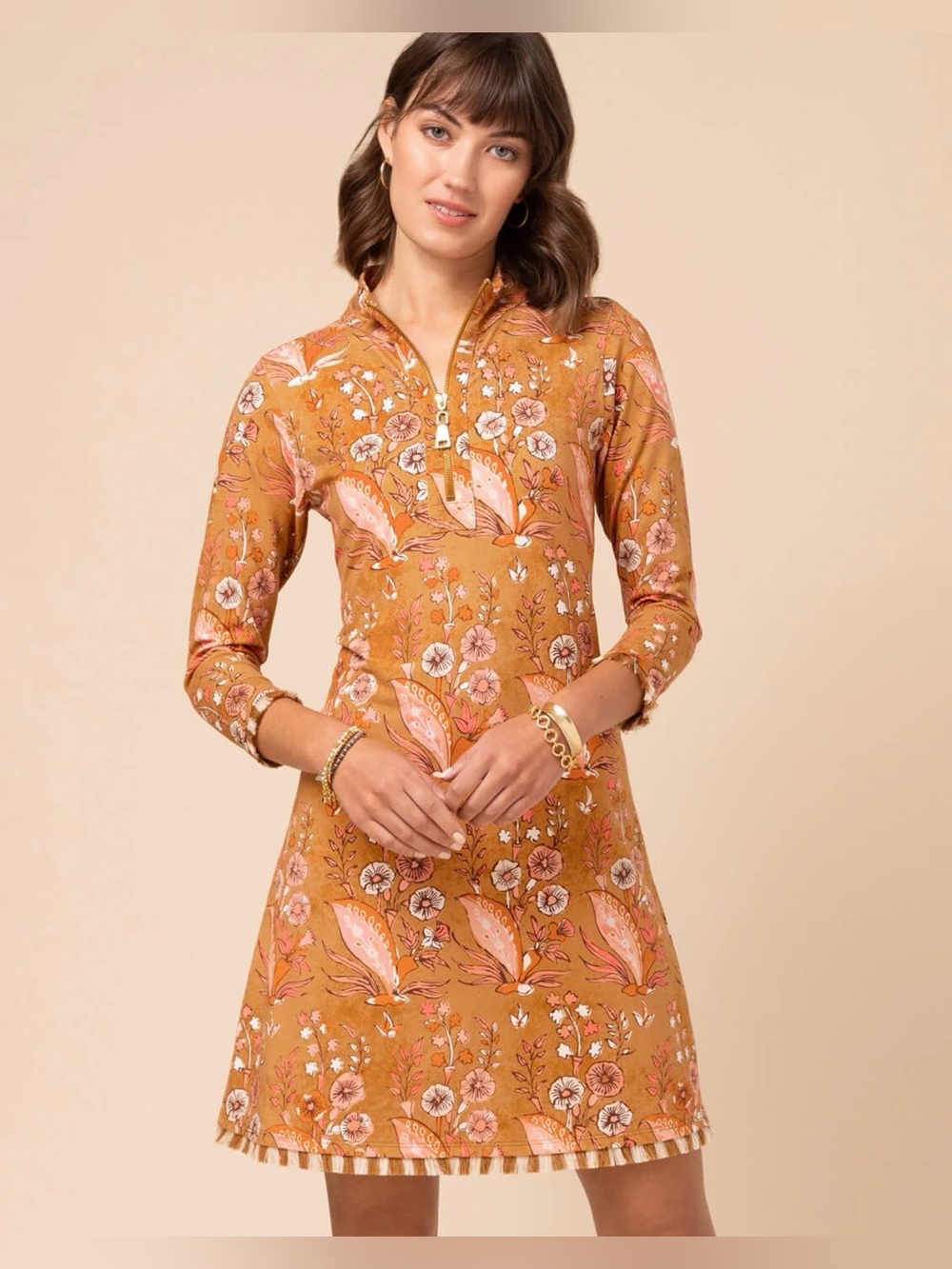 EUC size Small Spartina 449 Nora Half-Zip Fringe Dress Mercer House Woodblock